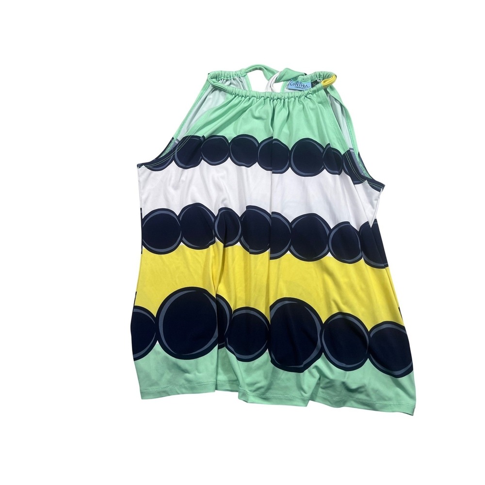 Cynthia Rowley Womens Large Halter Top Mint Yellow Navy Graphic Print Keyhole